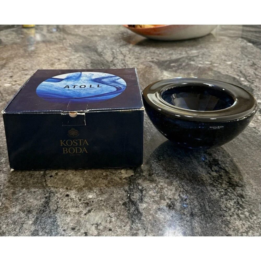 Kosta Boda Atoll Blue Swirl Glass Bowl Anna Ehrner Sweden Hand Blown Decorative